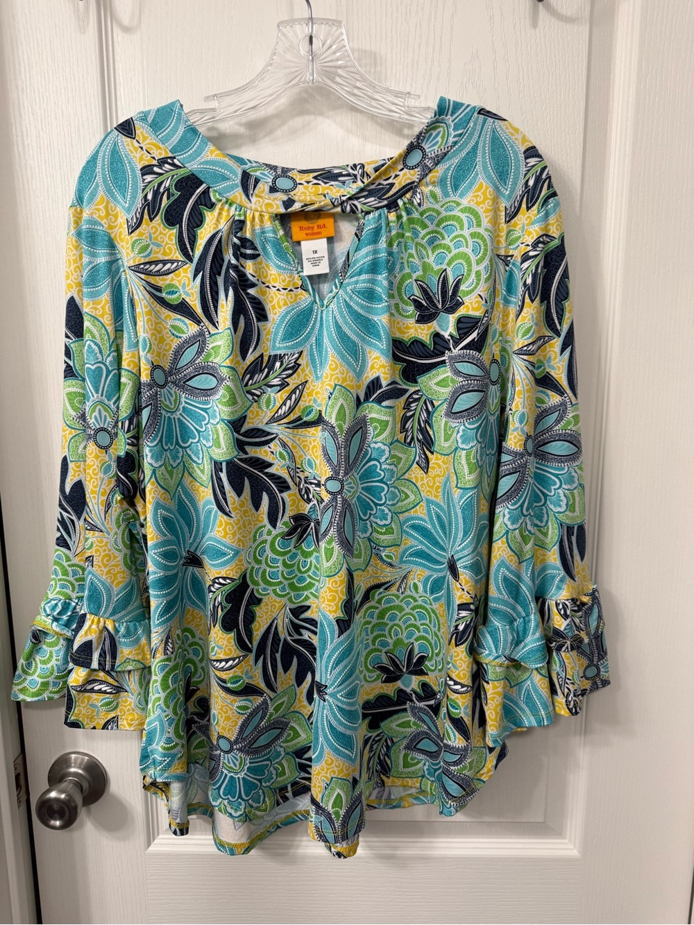 Ruby Rd. Teal, Yellow & Navy Floral Ruffle-Sleeve Tunic
